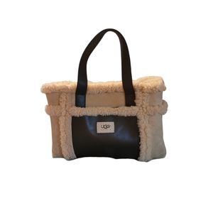 Ugg Purse Satchel 12x9 Shearling Leather Natural Brown Tie Close Pockets Pouch
